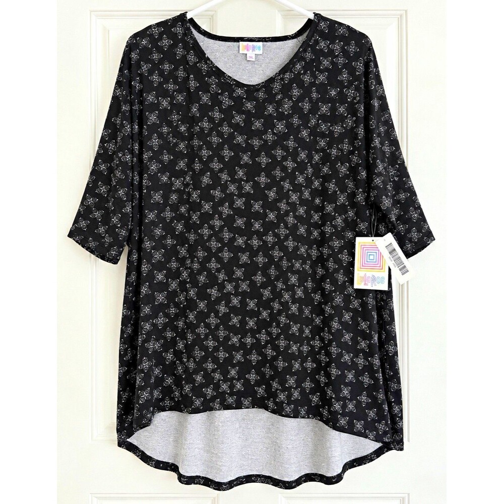 LuLaRoe Irma Women’s Plus 2XL Black White Geometric Scoop Neck 3/4 Tunic
